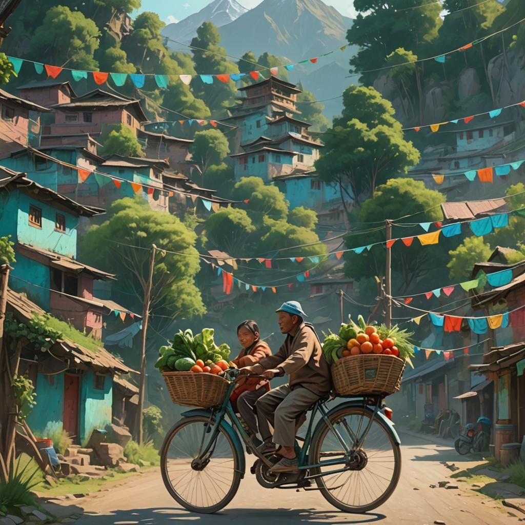 Nepali Father and Daughter in Vibrant Himalayan Village