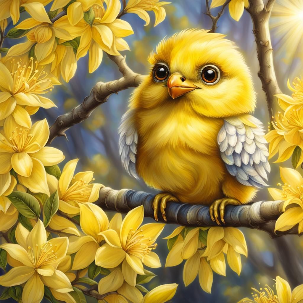 Adorable Yellow Bird in Forsythia Tree: Charcoal Drawing