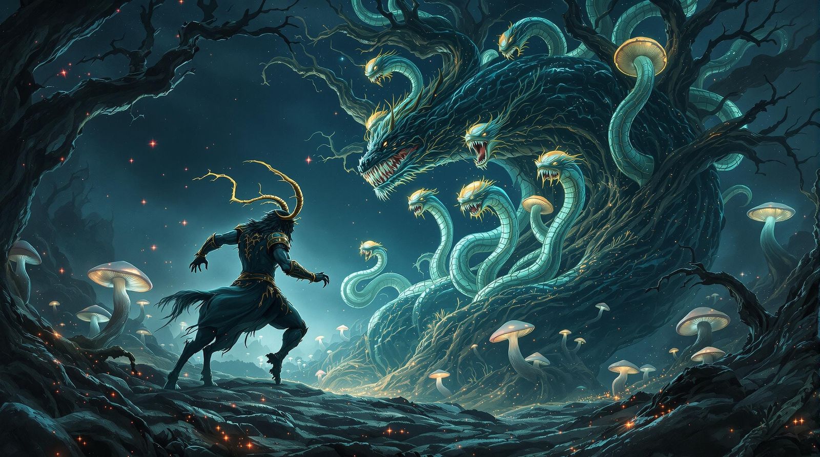 Centaur Battles Hydra Under Starless Night Sky