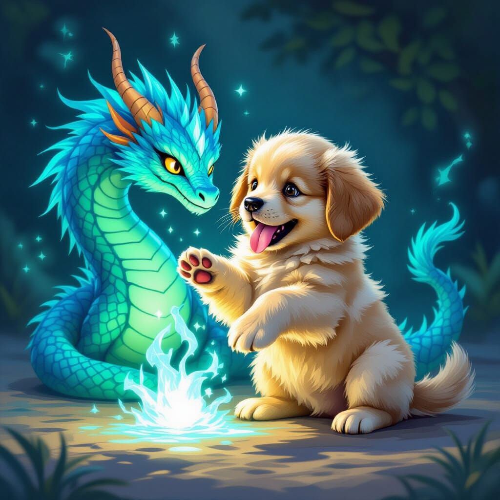 Puppy Casting Spell With Cyan Aura Shadow Dragon
