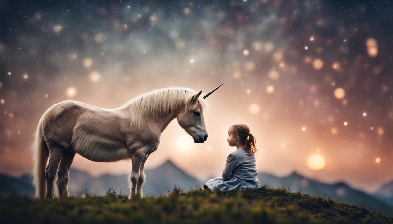 Girl on Unicorn in Starry Mountain Landscape