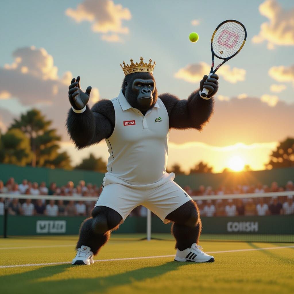 Crowned Gorilla Serves Tennis Ball at Sunset