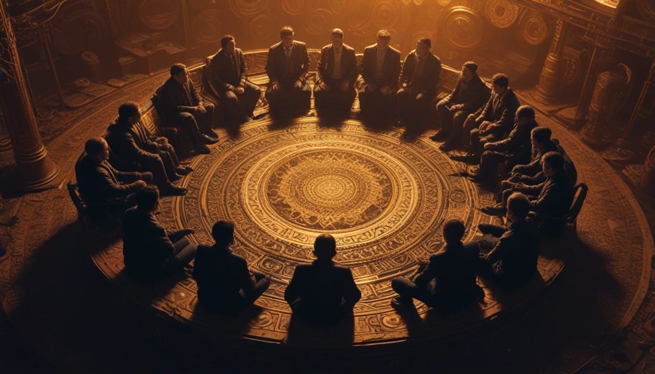 People Gathered in Naive Aetherpunk Art Style