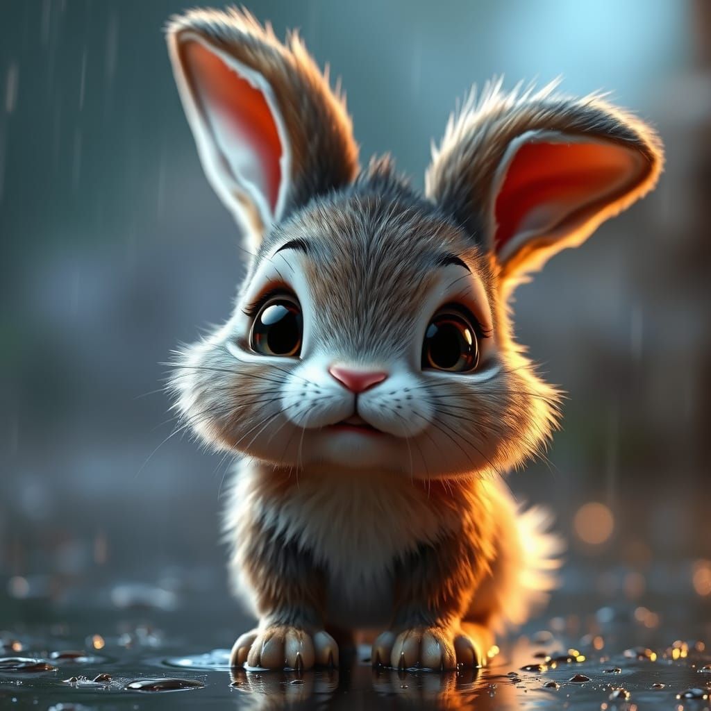 Adorable Baby Bunny in Rain, Pixar Style