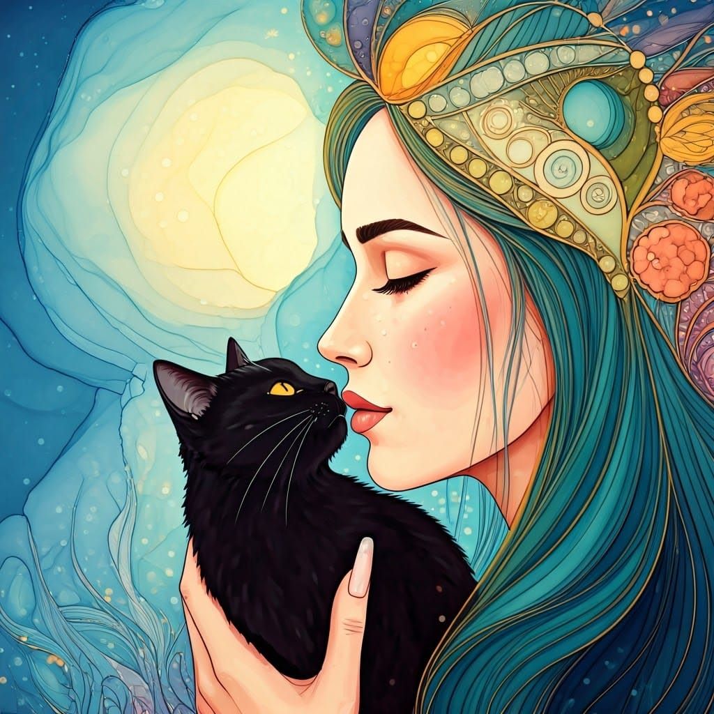 Otherworldly Alcohol Ink Woman Kissing Black Cat