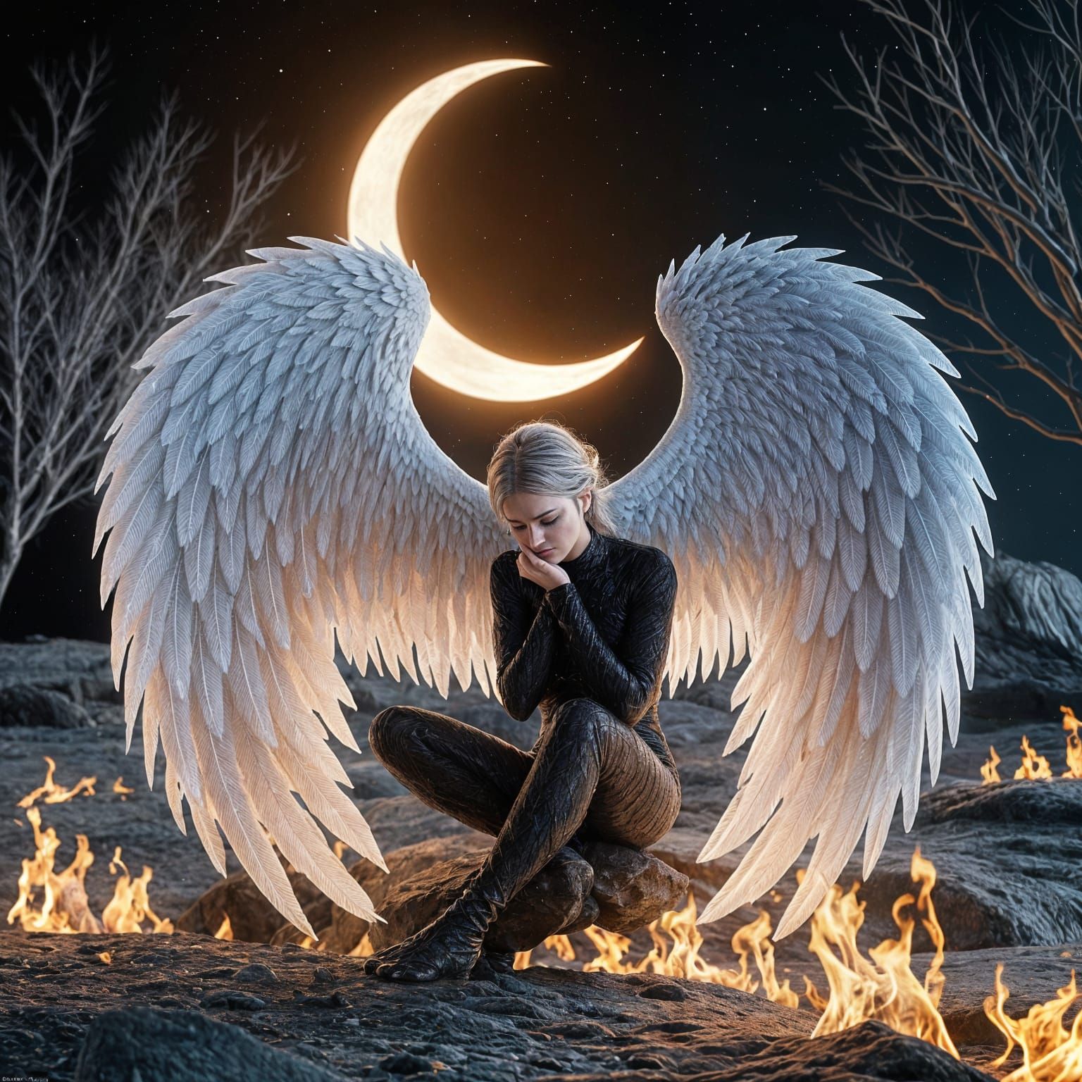 Icy Angel on Lunar Rock: Hyperrealistic Concept Art