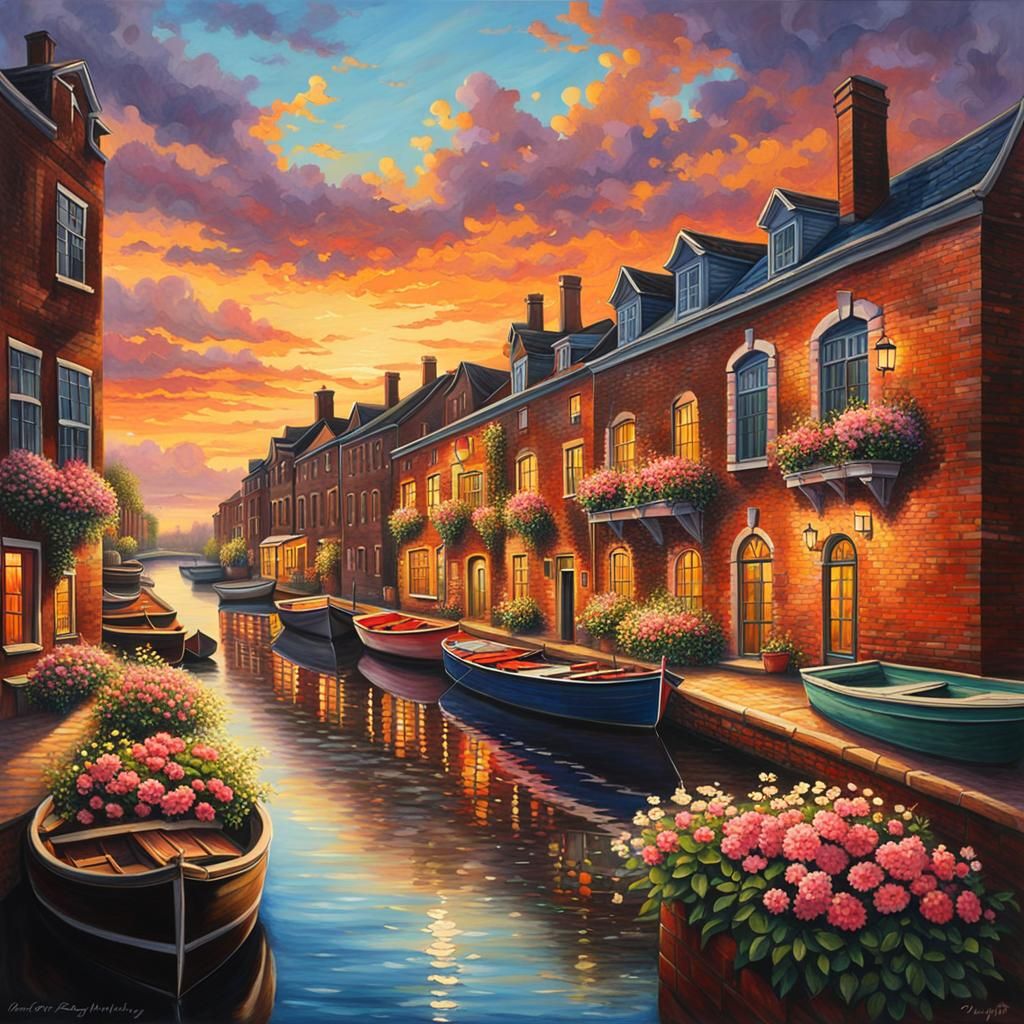 Canals and Old Buildings at Sunset