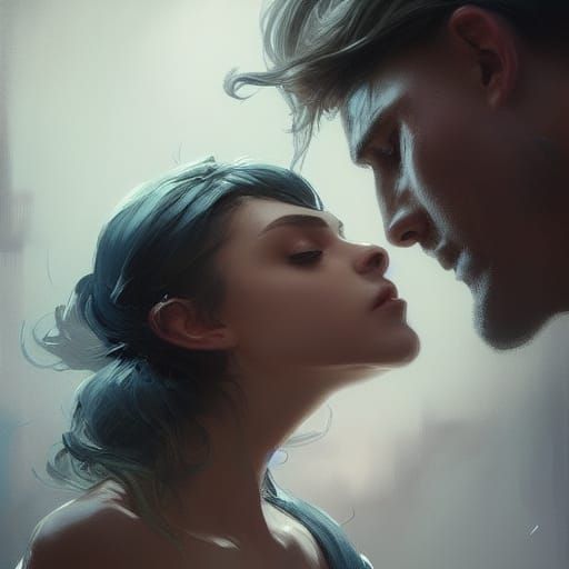 Romantic Kiss with Falling Petals in Ethereal Style