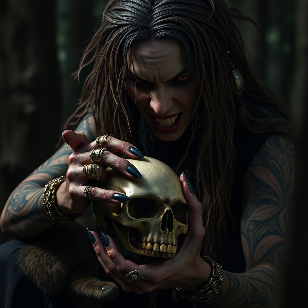 Angry Witch Portrait with Cat in Dark Forest