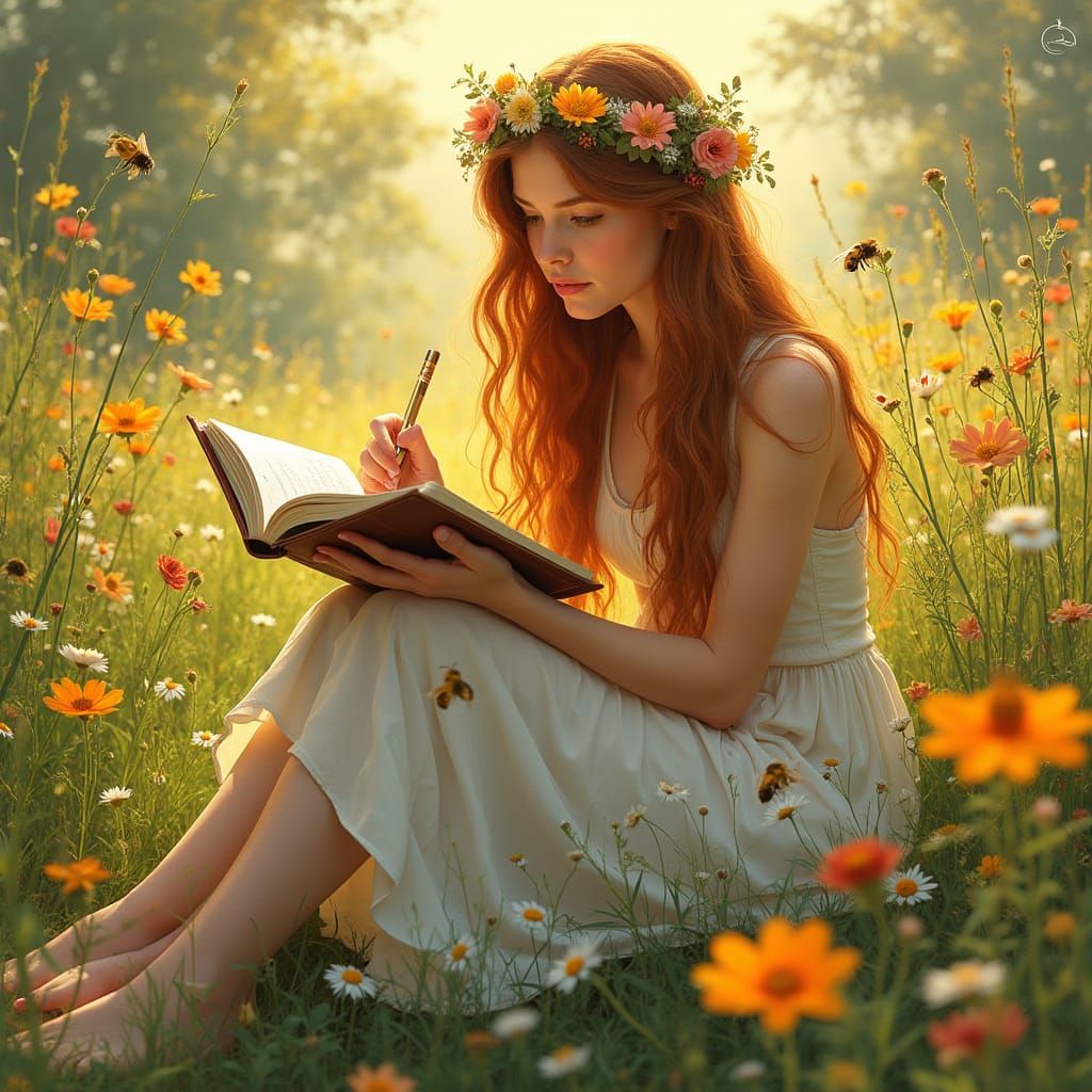 Woman Sketching in Meadow, Art Nouveau Style