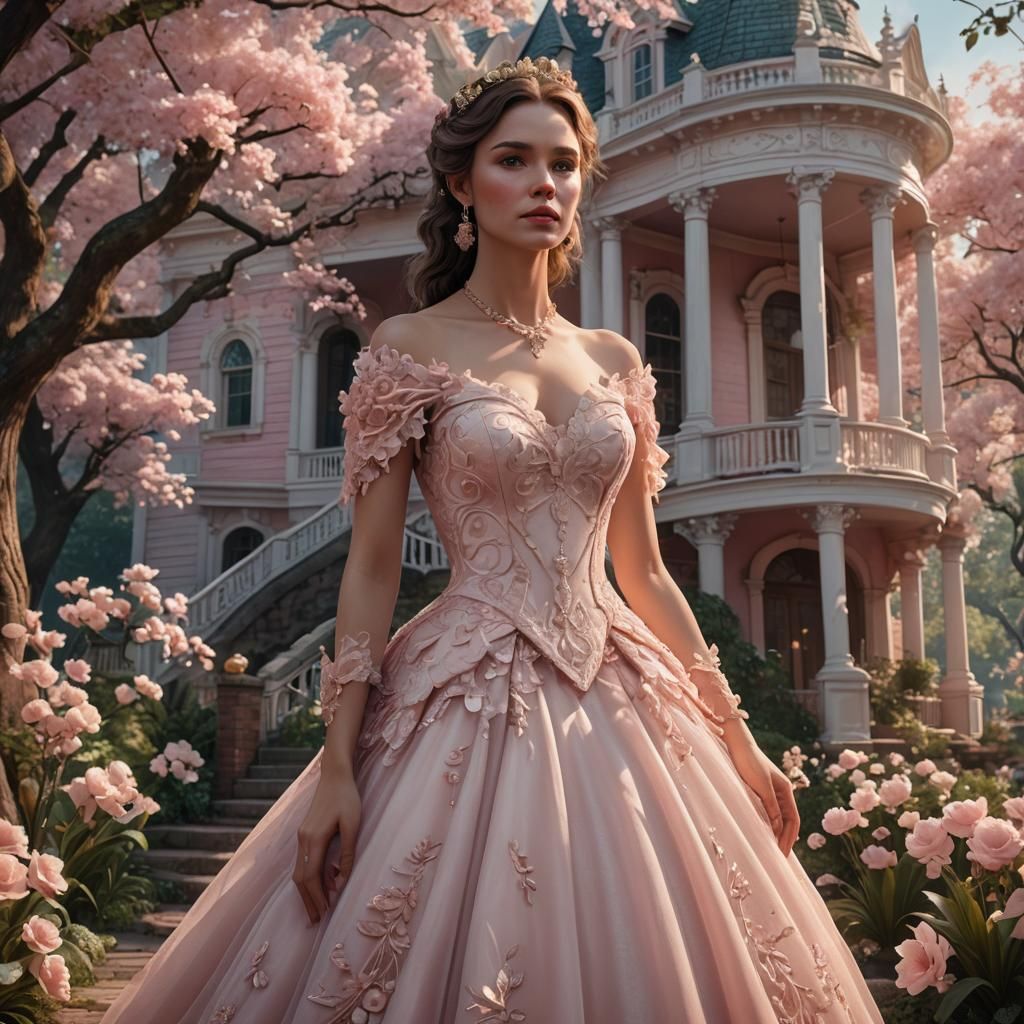 Southern Belle in Pink Wedding Dress: Detailed Matte Paintin...