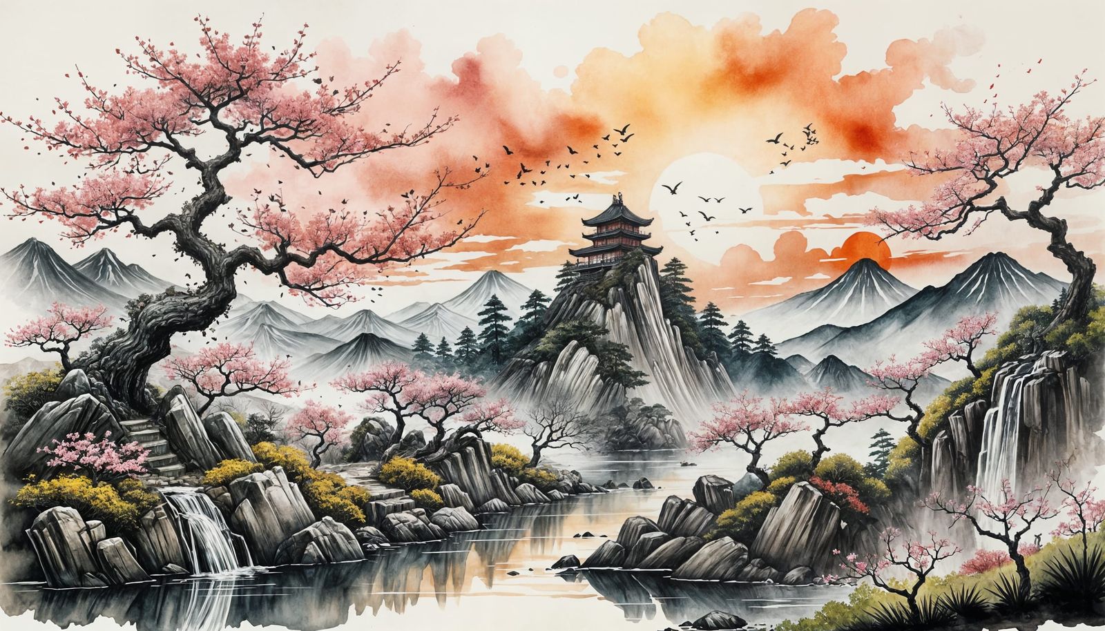 Japanese Ink Landscape: Zen Garden Sunset