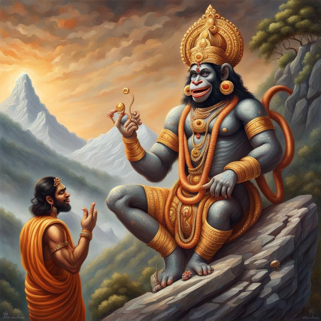 Vasuki Guiding Hanuman in Patala Loka: Surreal Illustration