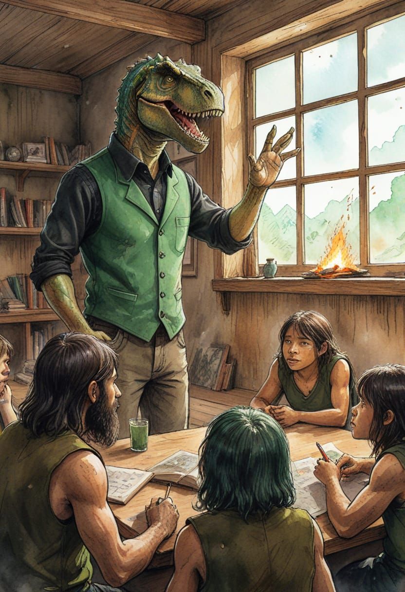 Humanoid Dinosaur Lecture in Watercolour Sketch Style