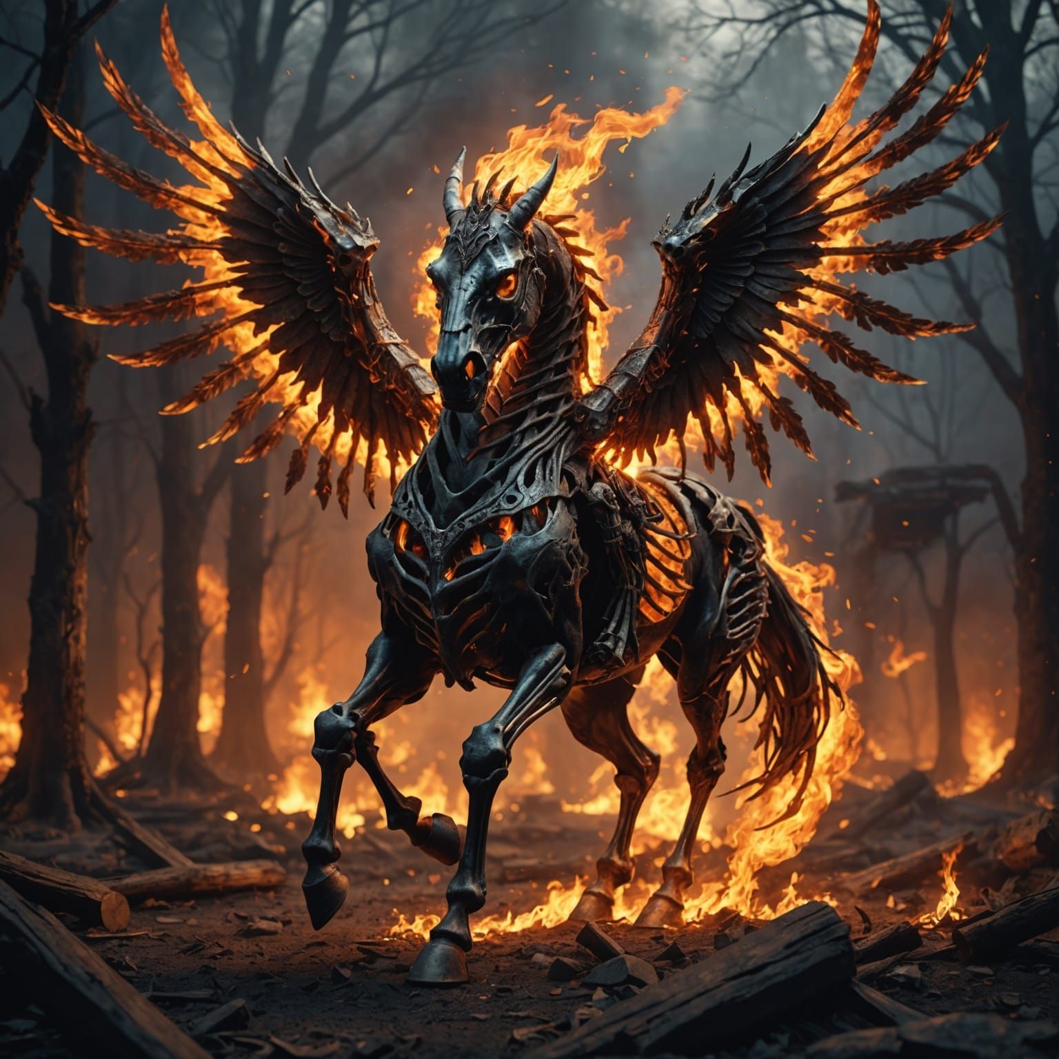 Fiery Skeleton Horse with Wings: Fantasy Concept Art