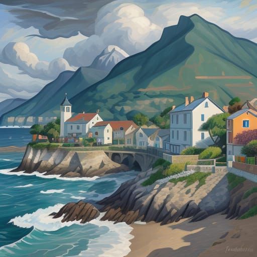 Seaside Village Under Swirling Sky in Post-Impressionist Sty...