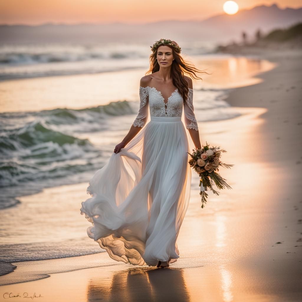 Bohemian Bride Walks on Beach at Sunset