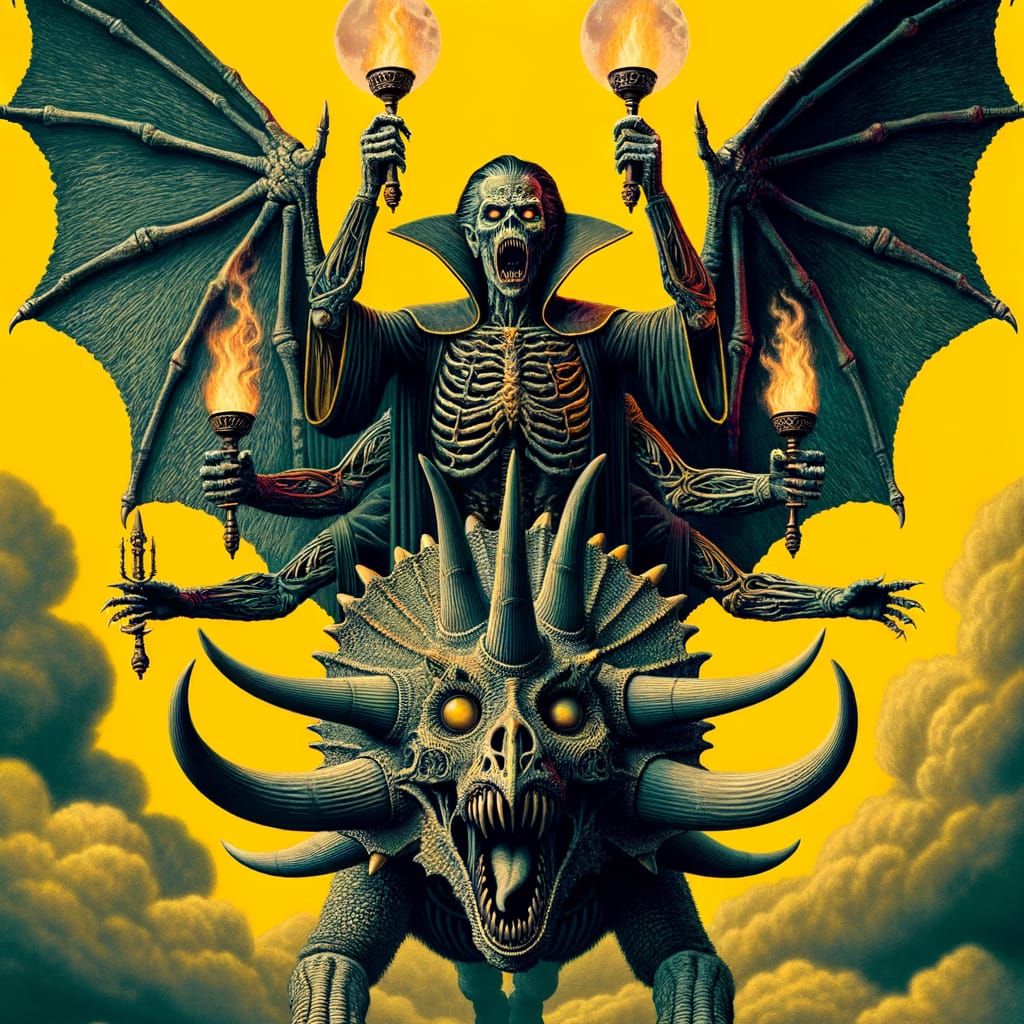 Ethereal Horror Figure Rides Winged Triceratops in Yellow Sk...