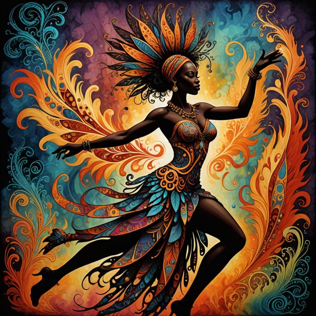 Tribal Voodoo Dancer Silhouette in Fractal Paisley Flames