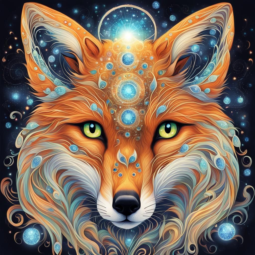 Mystical Fox Surrounded by Floating Crystals