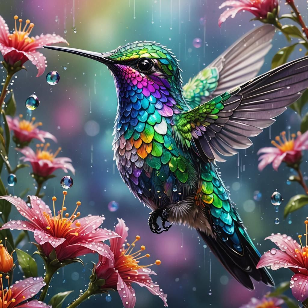 Shimmering Kawaii Hummingbird at Magical Flower