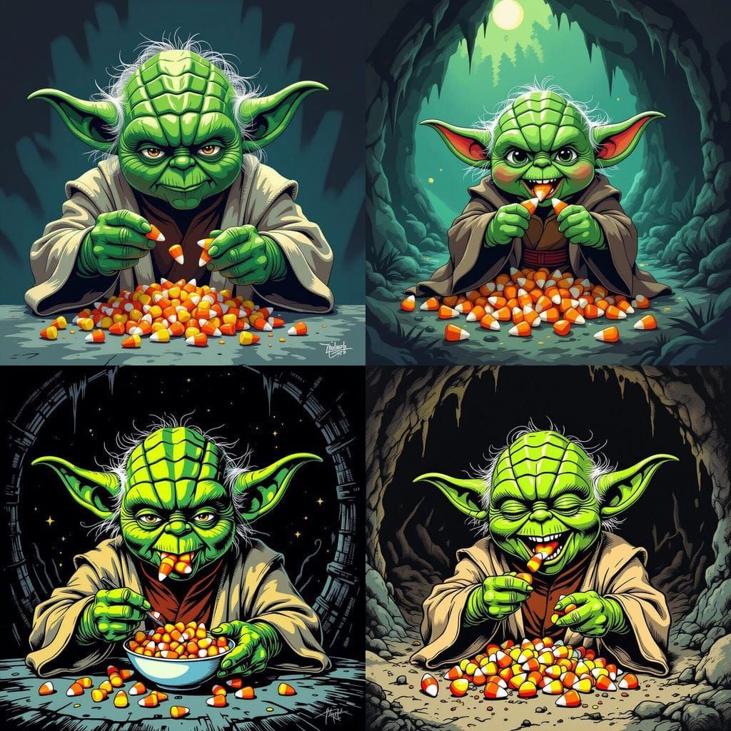 Yoda Eating Candy Corn in Tim Burton Comic Style