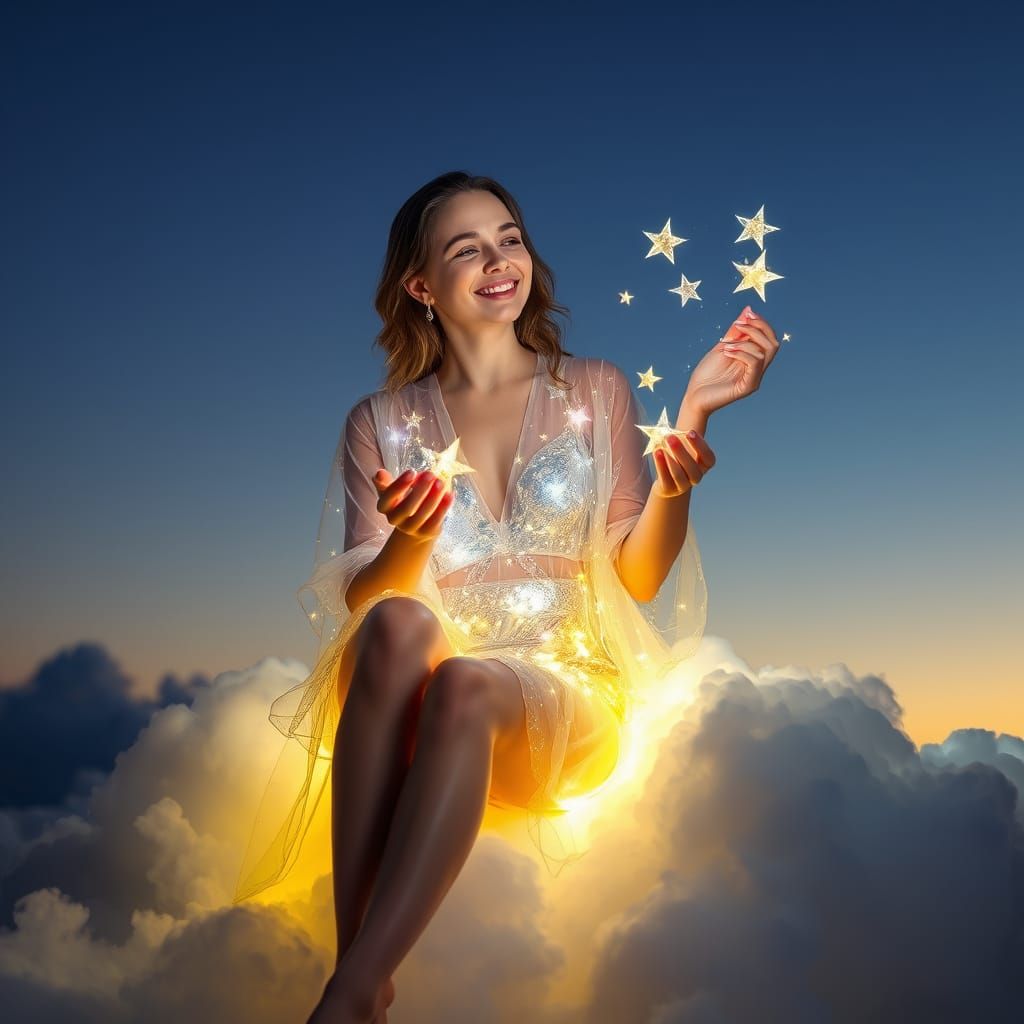 Celestial Woman on Cloud with Sparkling Stars