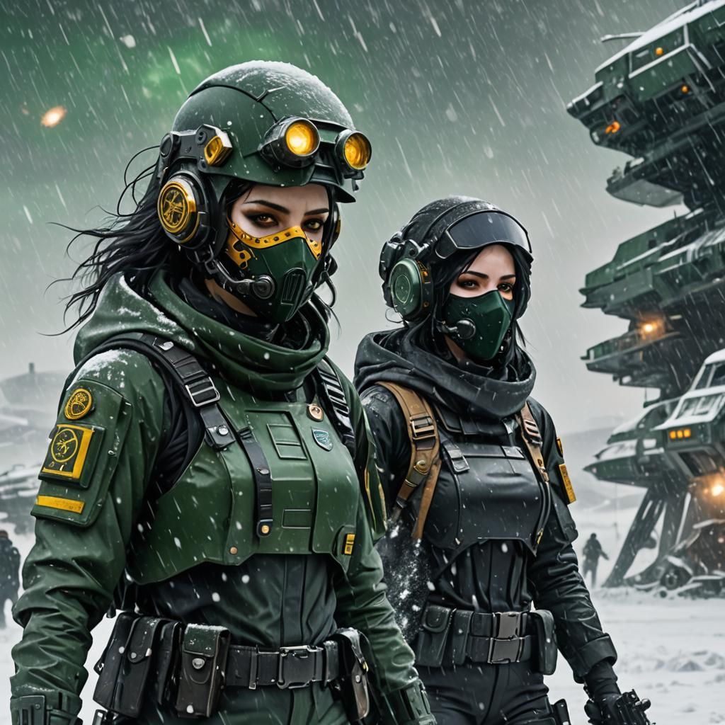 Tactical Goth Duo in Sci-Fi Snowstorm