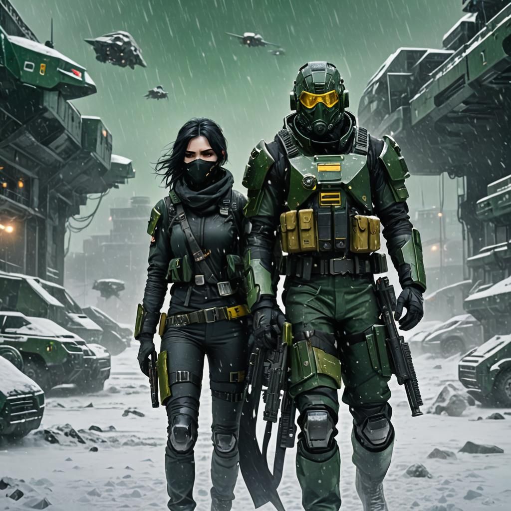 Tactical Goth Duo in Sci-Fi Snowstorm