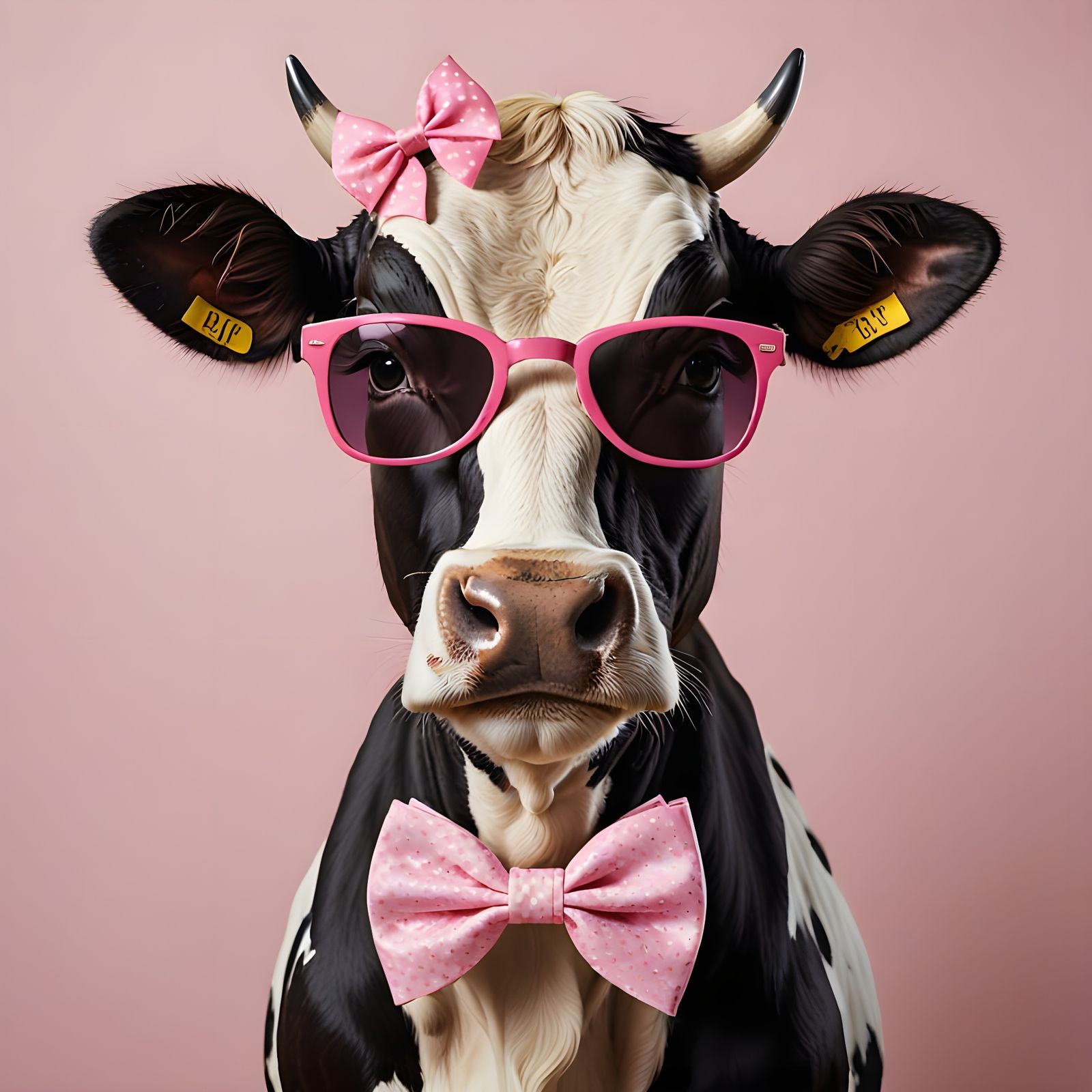 Cow in Sunglasses and Pink Bow Tie