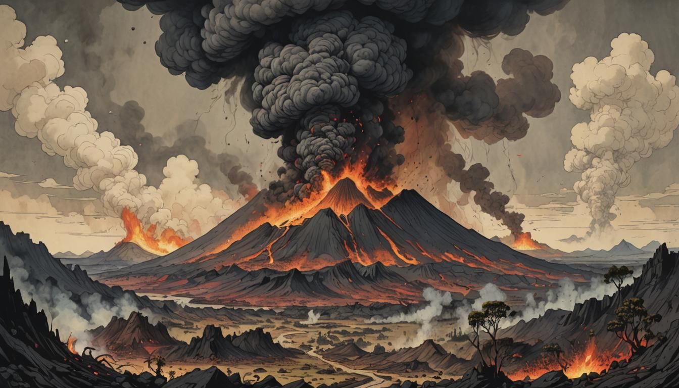 Volcanic Eruption: Hyperrealistic Landscape Painting