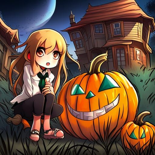 Scary Pumpkin Coloring Page in Anime Style