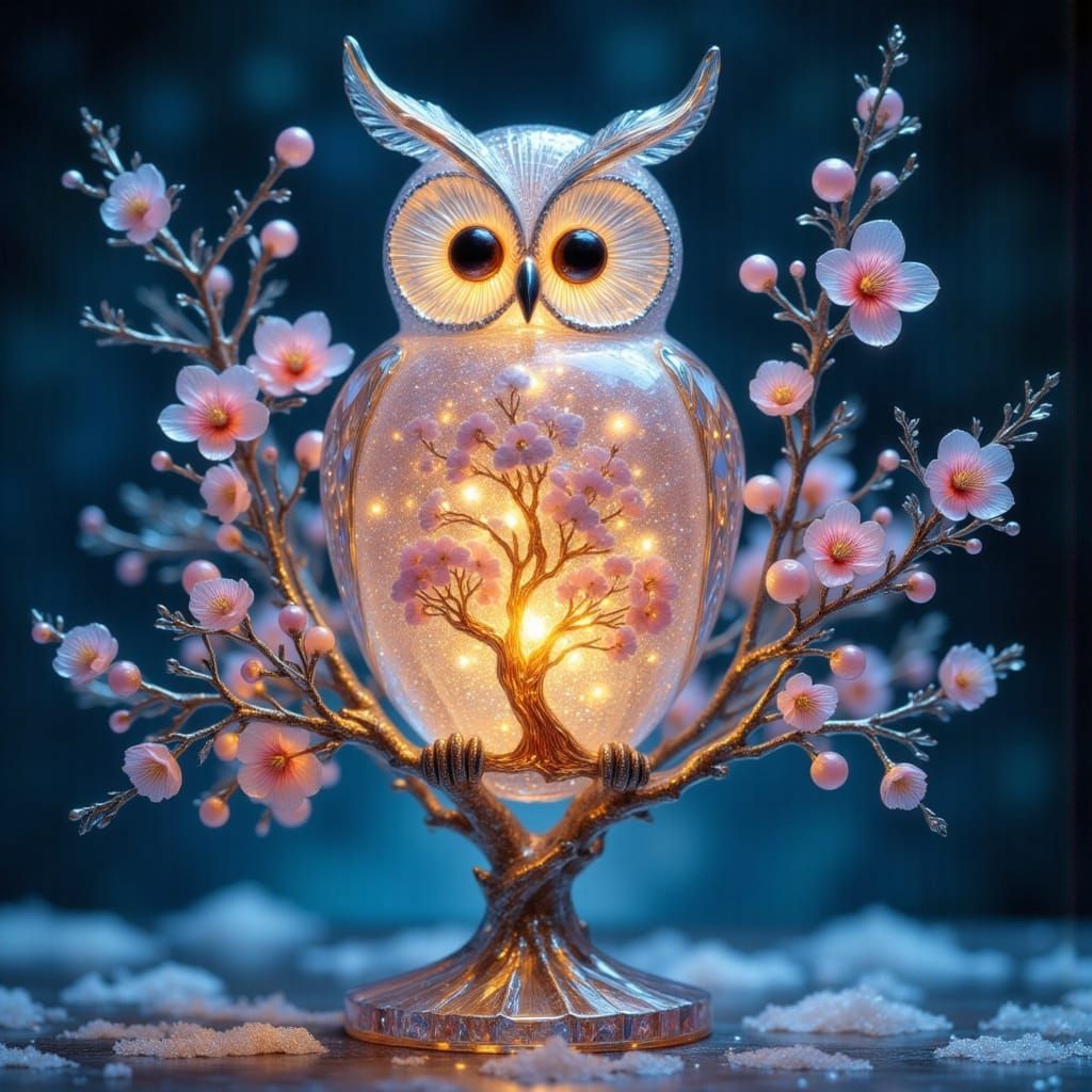Regal Glass Owl in Whimsical Sakura Garden