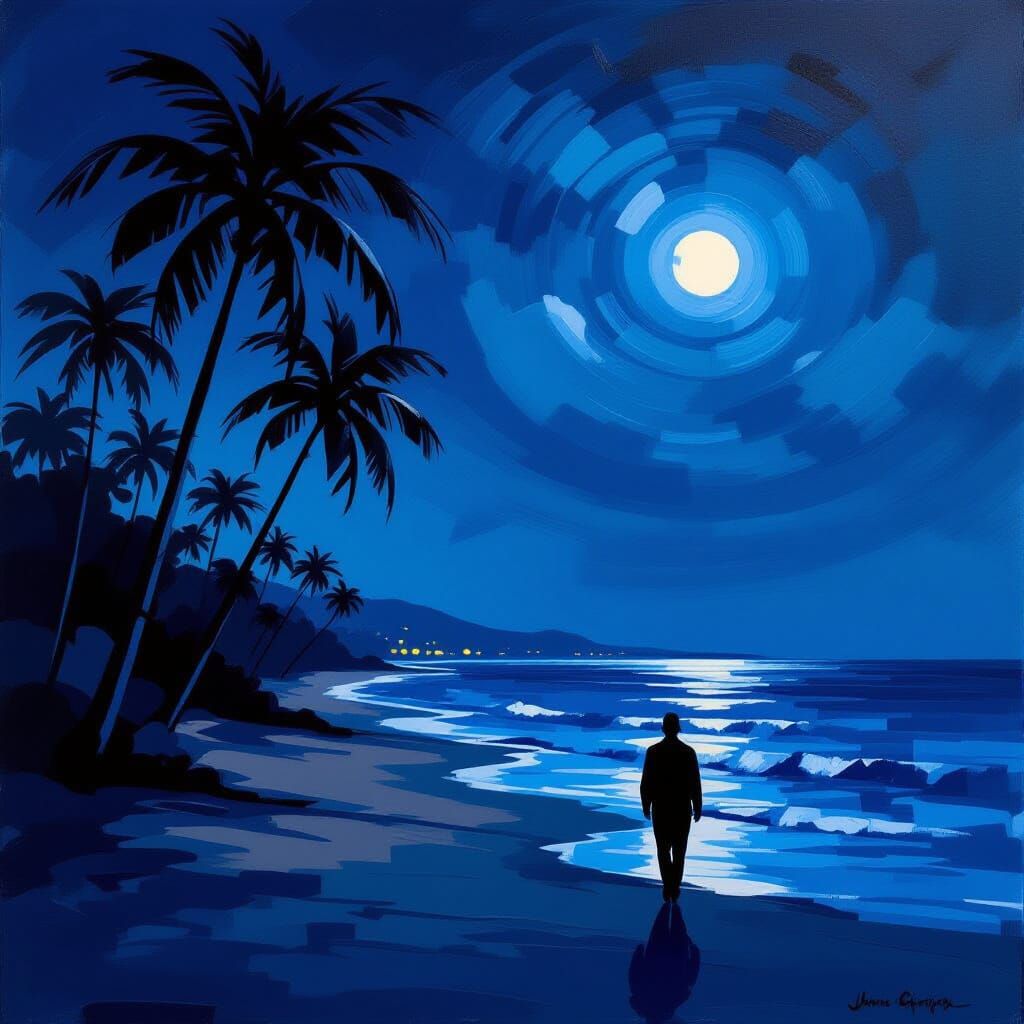 Night Walk Oil Painting with Abstract Palms and Ocean