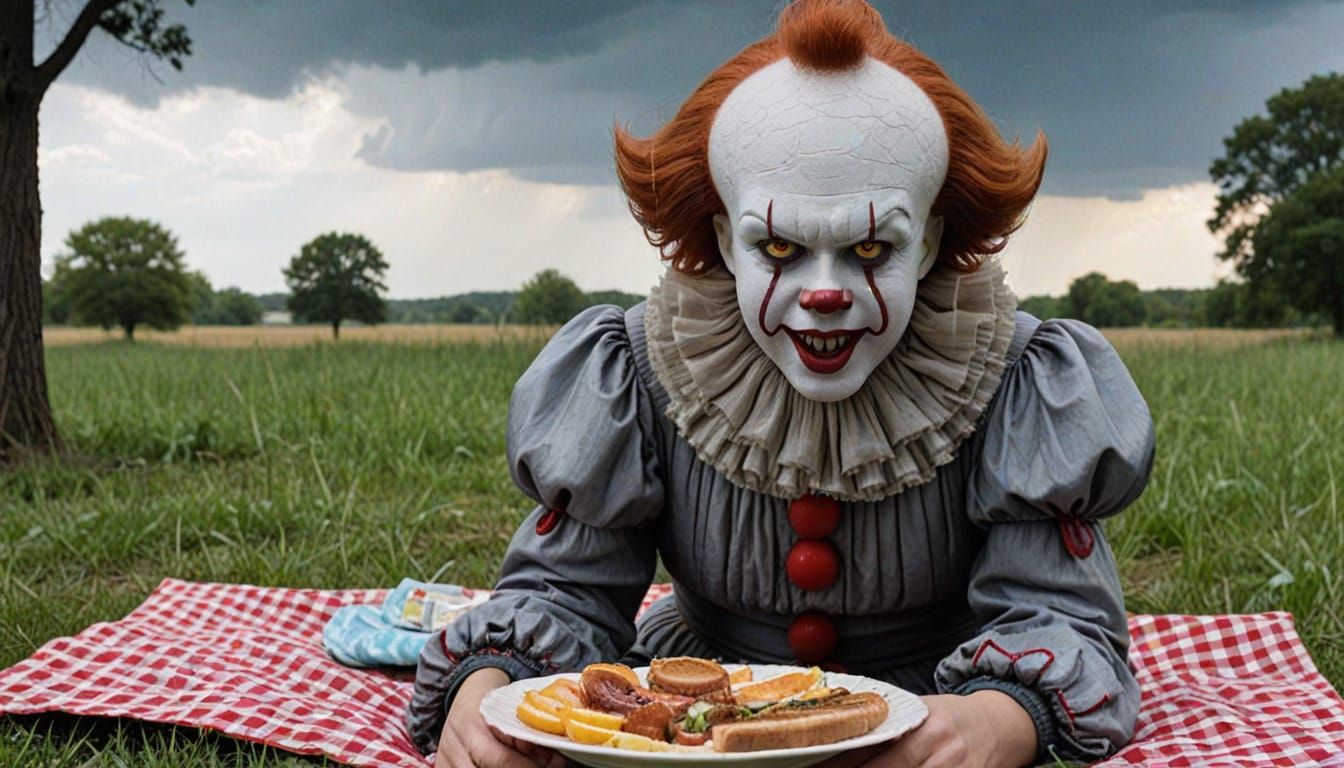 Clown and You Enjoy Picnic Amidst Stormy Skies in Morning Li...