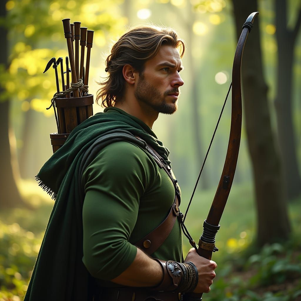 Robin Hood in Sherwood Forest with Longbow