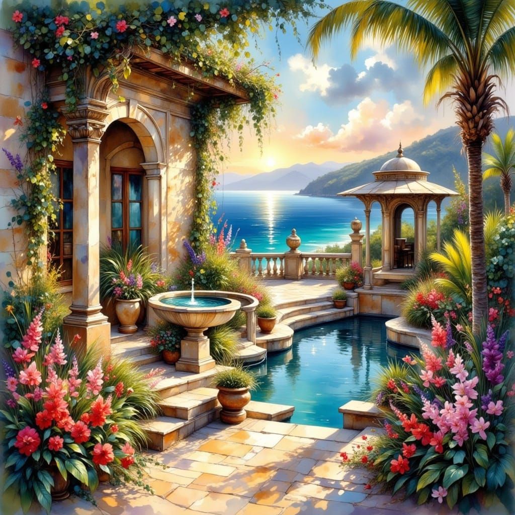 Serene Greek Courtyard with Impressionist Art Style