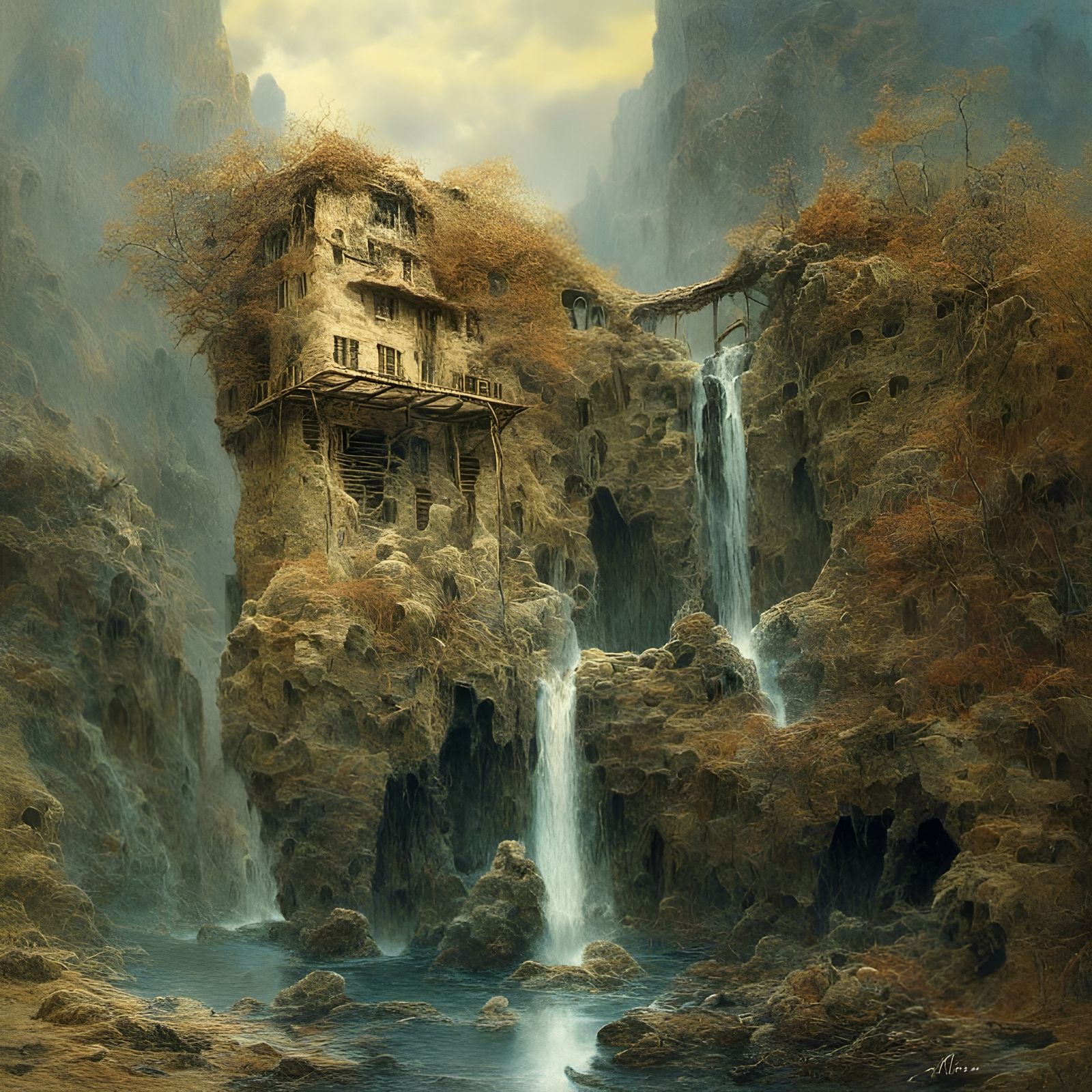 Cabin in Magical Forest with Fireflies, Surreal Art