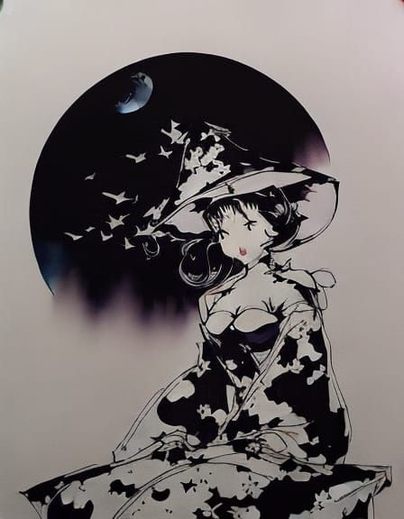 Cute Witch under Moon in Ink Art Style