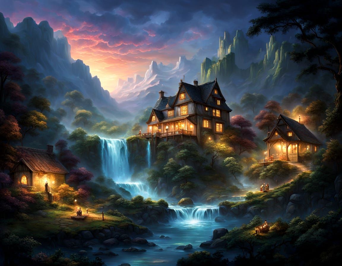 Waterfall Giant Ethereal Fantasy Village Splash Art