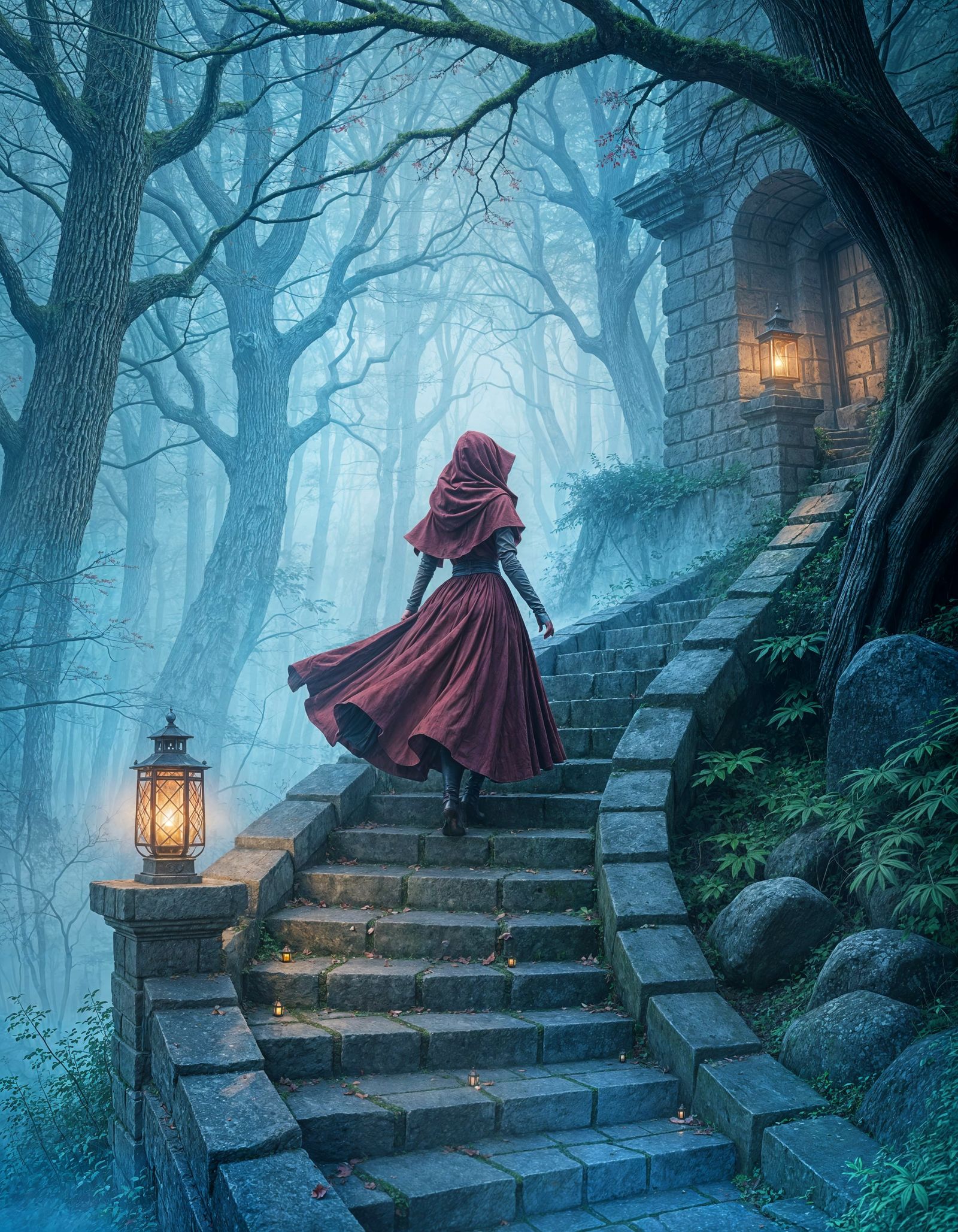 Mysterious Foggy Forest Path with Little Red Riding Hood