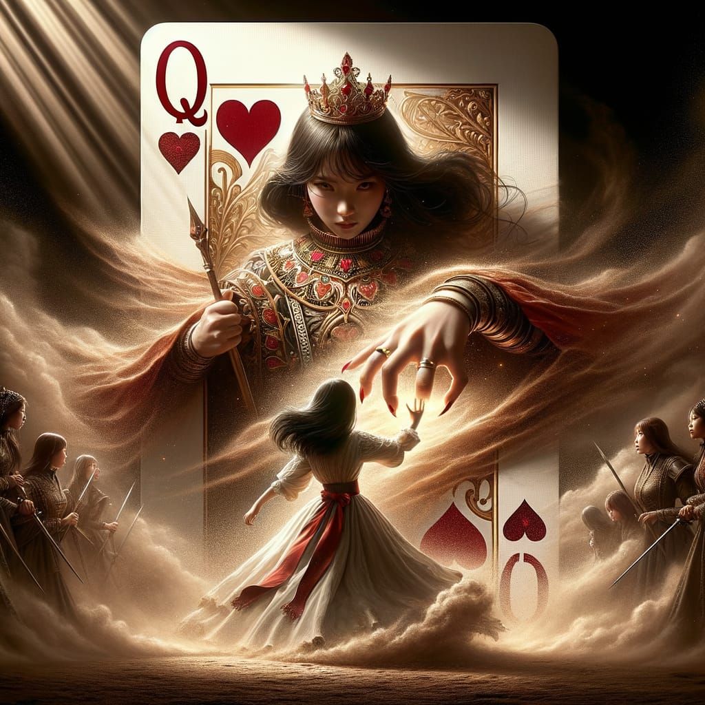 Queen of Hearts Confronts Girl: Maximalist Matte Painting