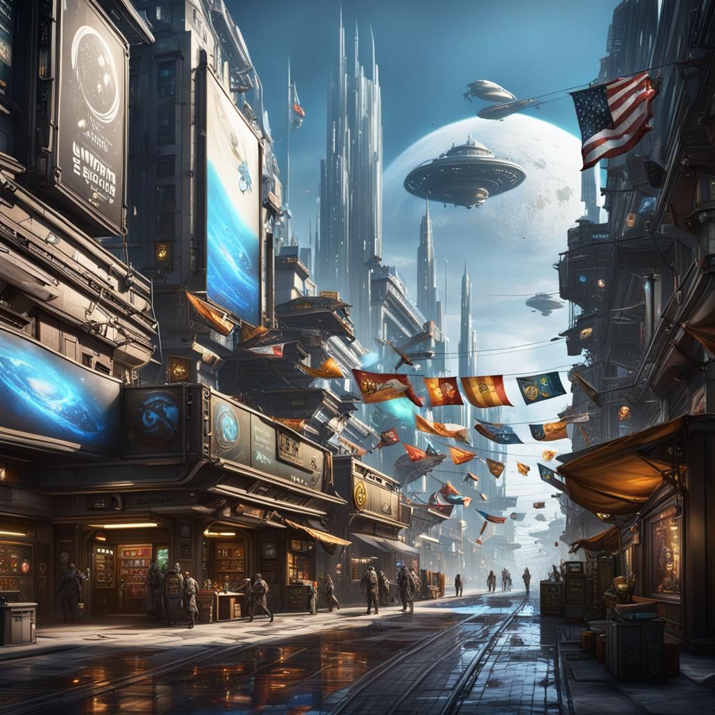 Hyperreal Space Travel Agency in Busy Cityscape