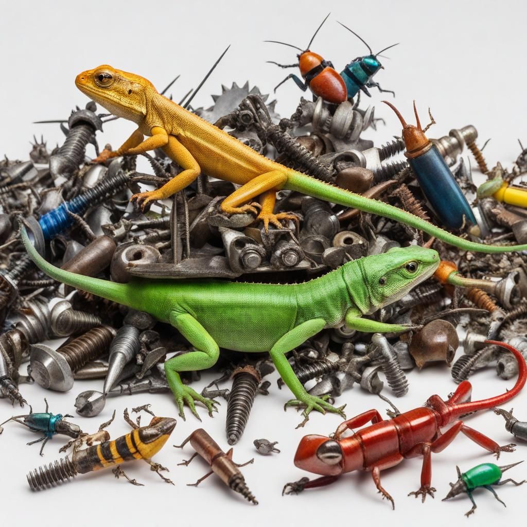 Lizards and and big colorfull beetles crawling between a hug...