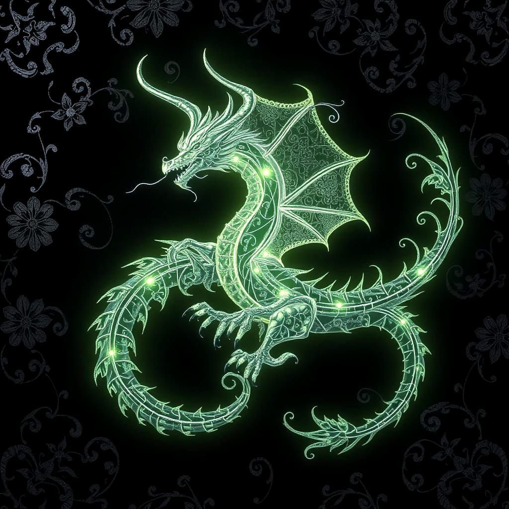 Ethereal Bioluminescent Dragon with Silver Filigree Designs
