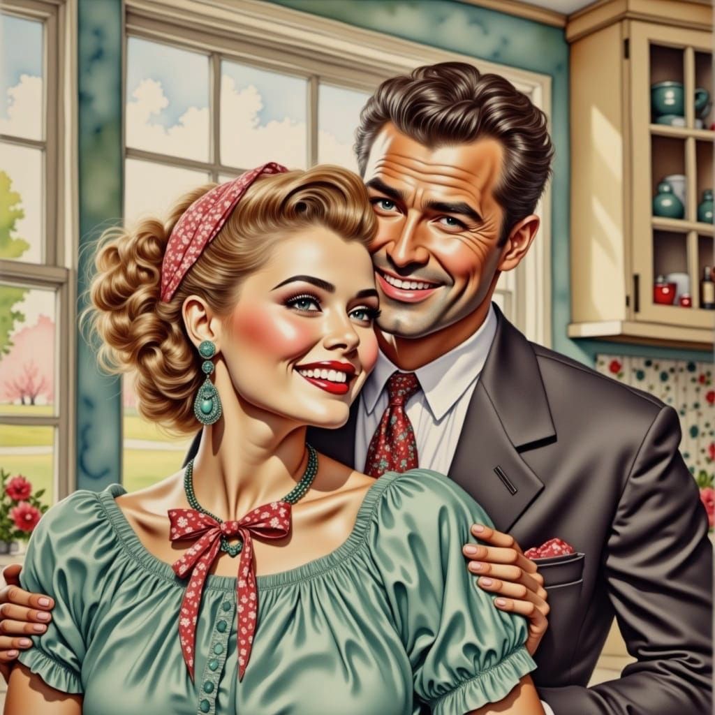 1950s Couple Portrait in Antique Watercolor Style