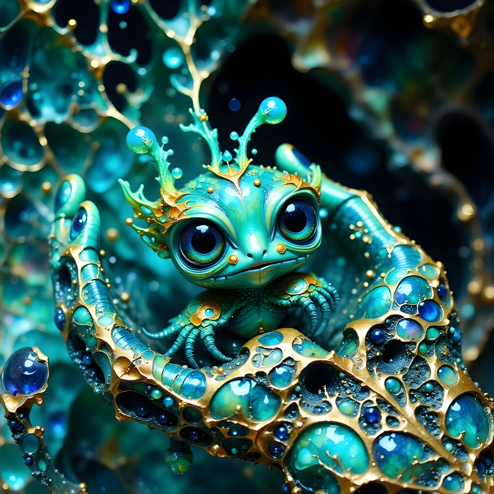 Alien Hand Holding Green Creature in Chrome