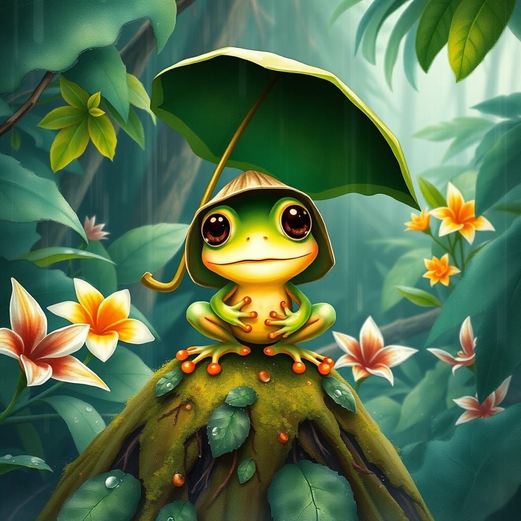 Whimsical Frog in Rainforest Attire