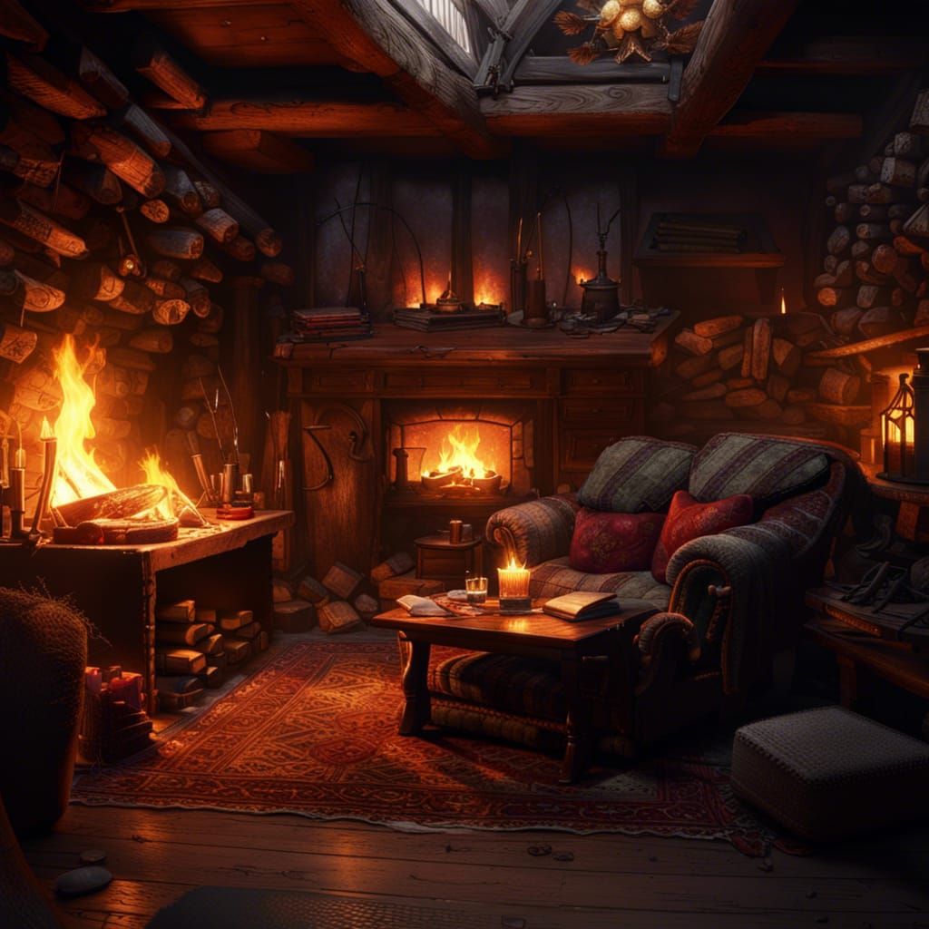 Cozy Den with Roaring Fire: Dark Fantasy Art