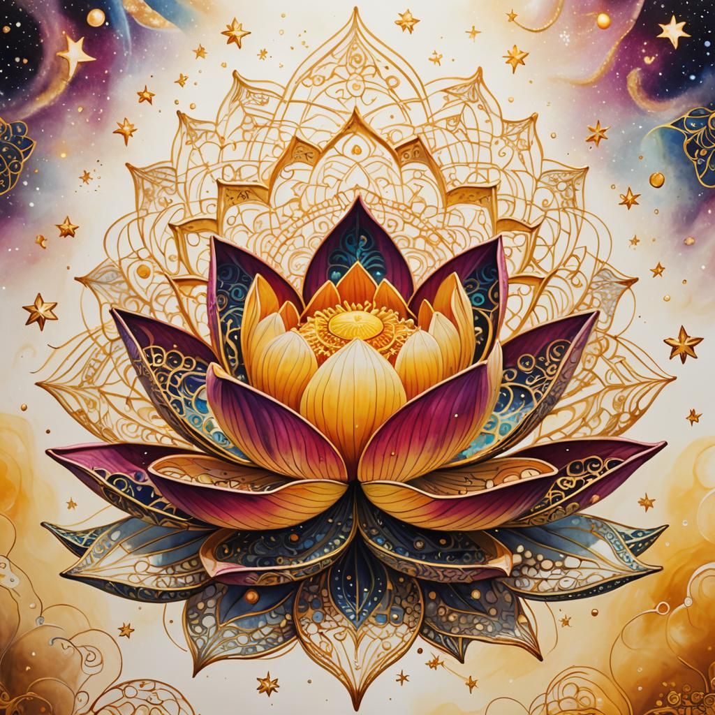 Surreal Zentangle Lotus in Space: Oil Painting